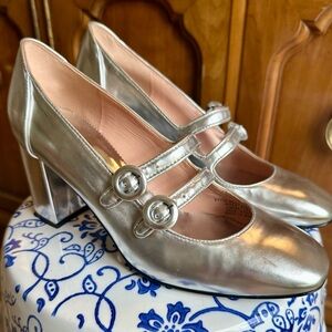 J Crew Silver Mary Jane Heels Size 8